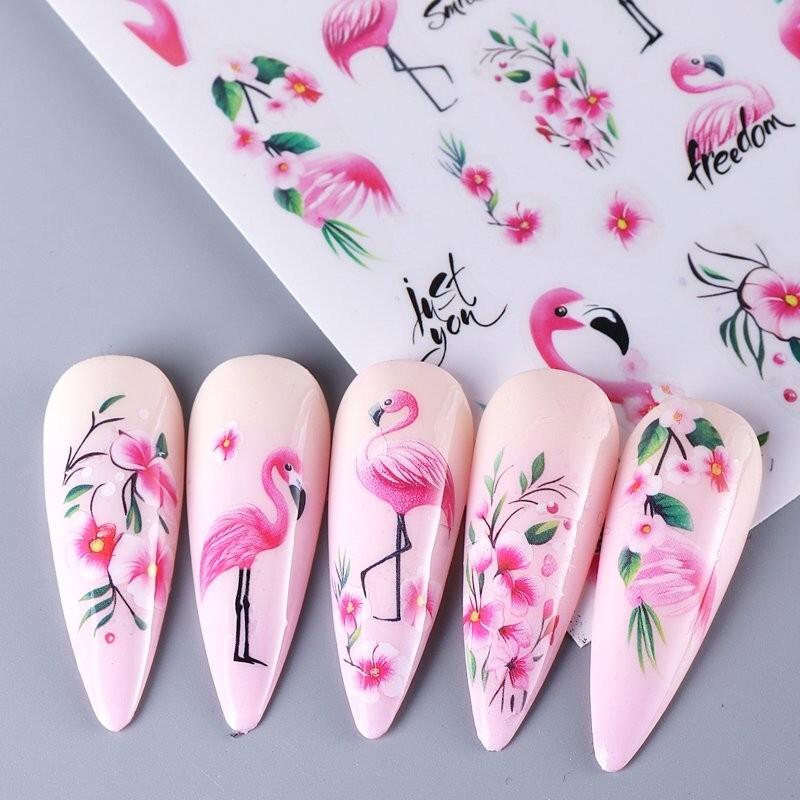 Flamingo Pink Primrose Flower Branch Love Nail Sticker Oenothera Flowers leaf