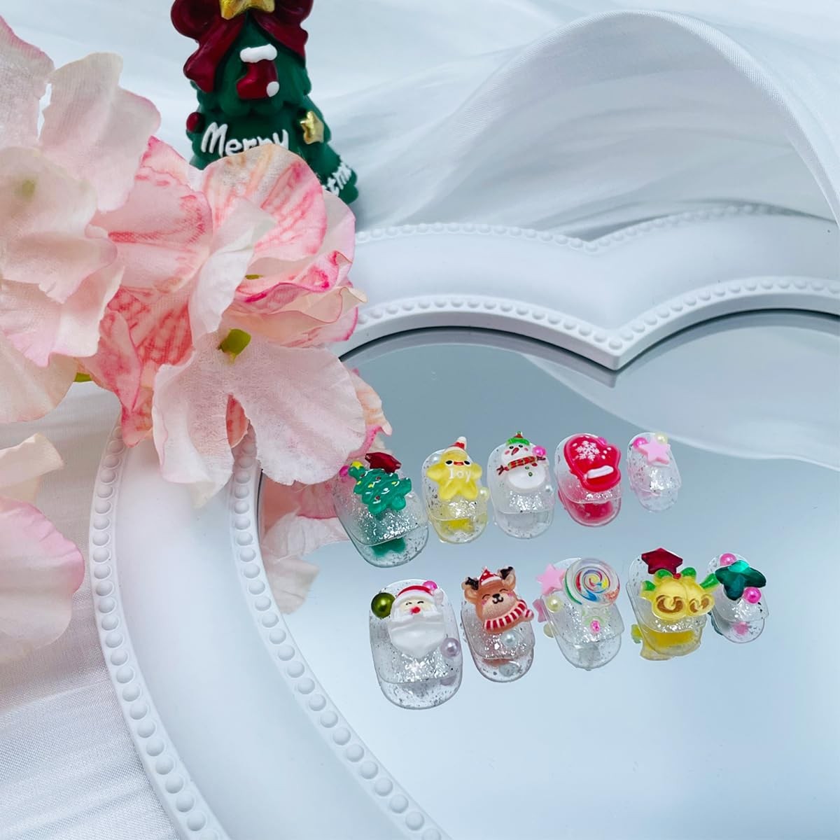 10Pcs Handmade Christmas Press on Nails Short Square Fake Nails 3D Santa Claus