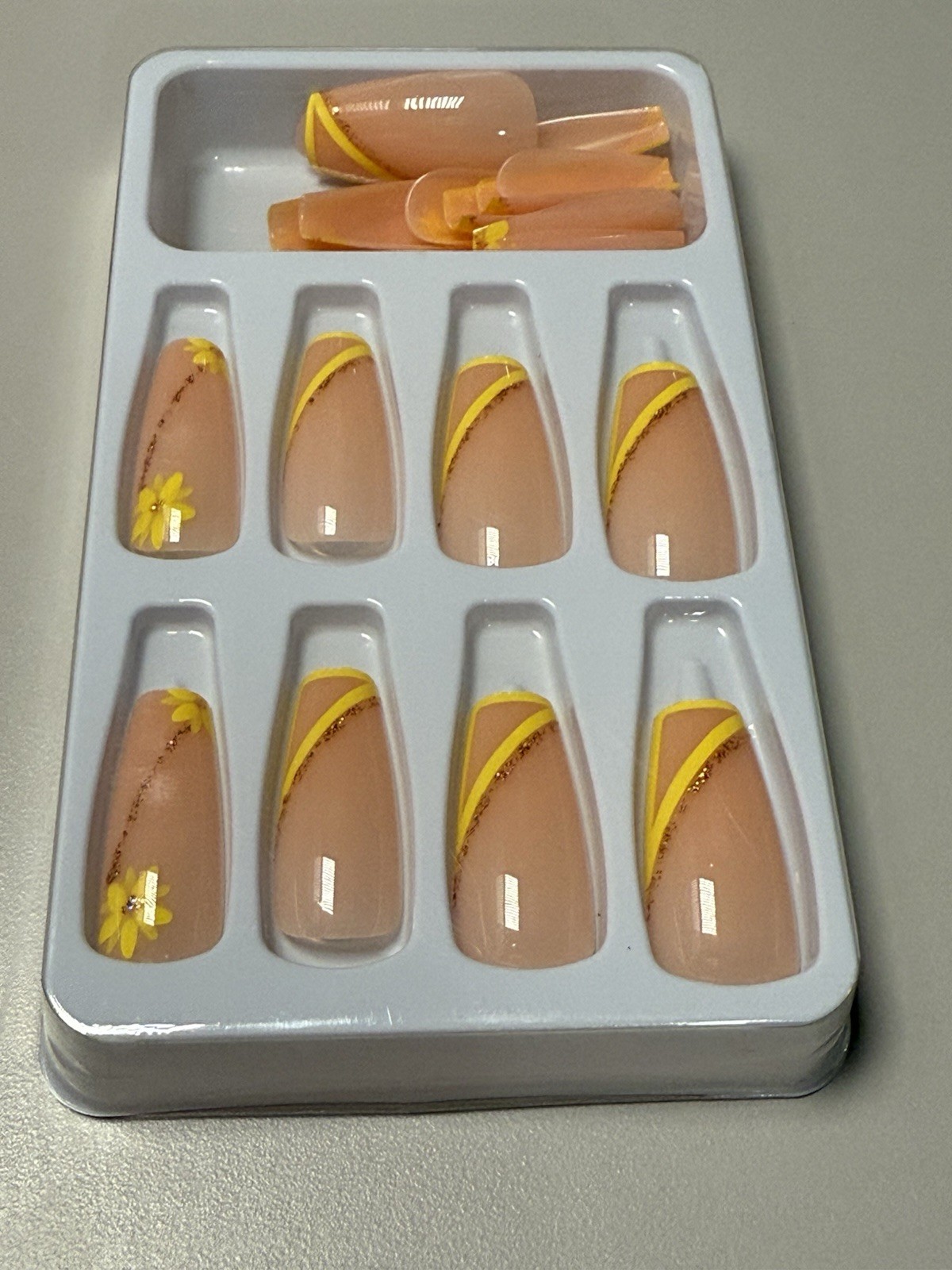 SET OF 2 Yellow Floral French Tip Press On Nails | Nude Pink Coffin Nails