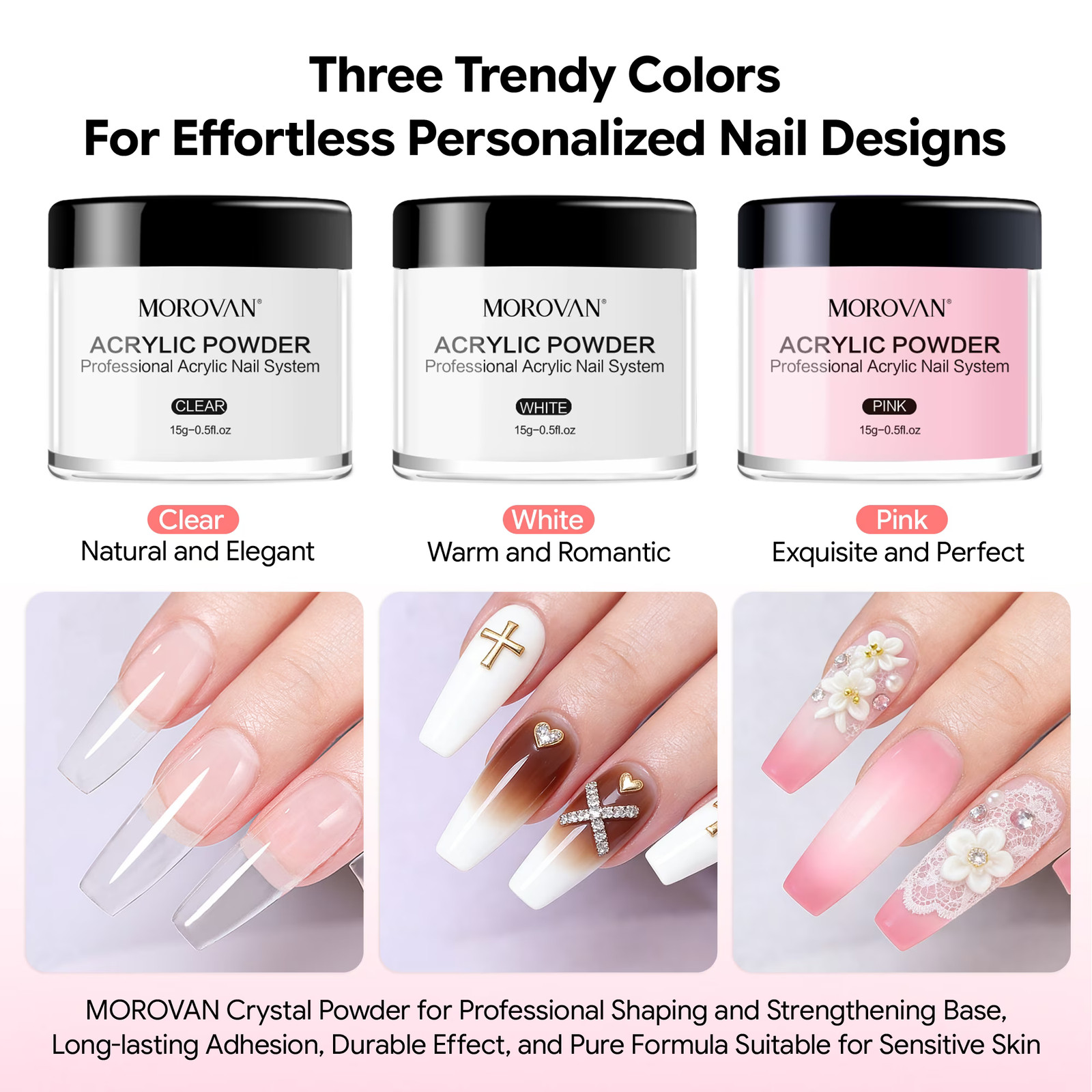 Morovan Acrylic Nail Kit – Clear Pink & White Powder with Liquid Set, Nail Brush