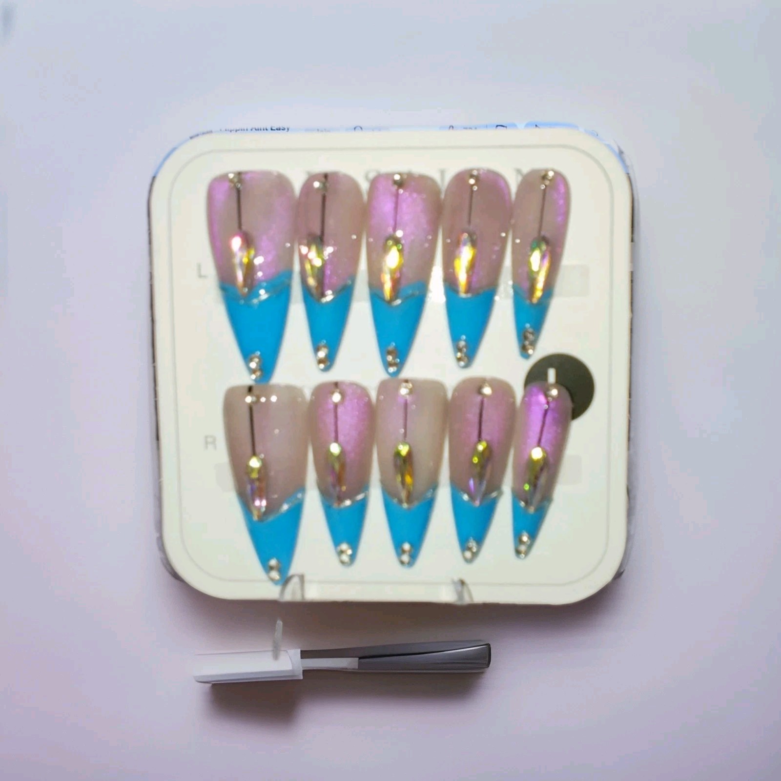 Blue Pink Nude Shimmer Cat Eye Sparkle Long Stiletto Press-On Nails Full Cover
