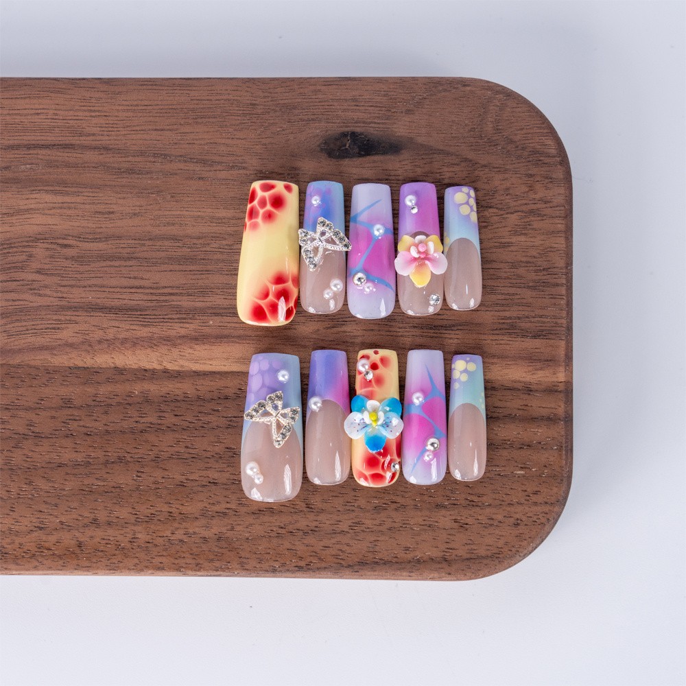 Handmade Press On Nails High Quality Rainbow Gradient Floral Long Coffin Nails