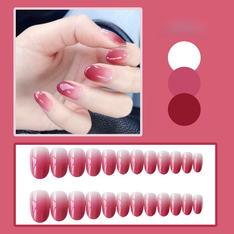48Pcs-Nude Pink Gradient Press on Nails, Glossy Short Oval Nails, Natural Style