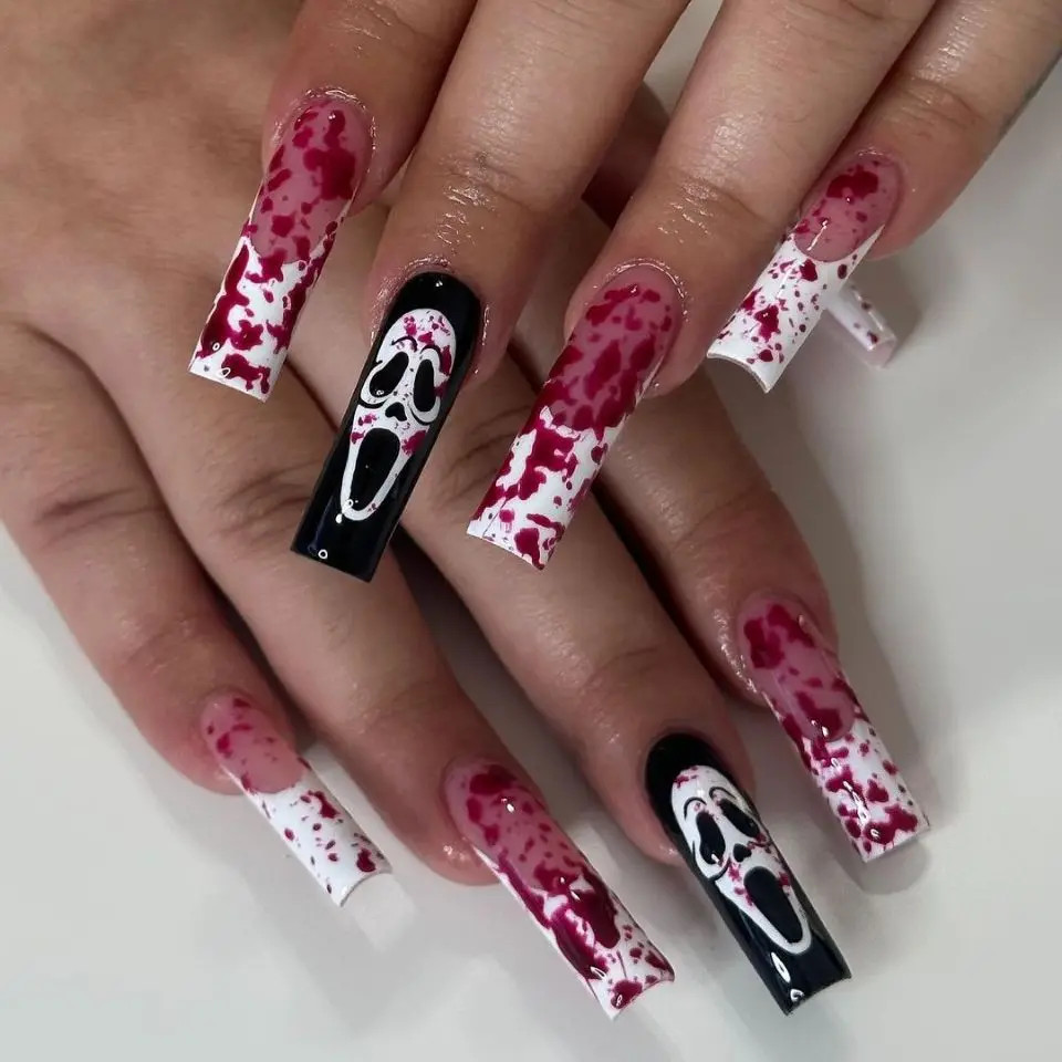 24pcs 2026 Halloween Scary Skull Love Print Press On Nails Glitter Pink Sequins