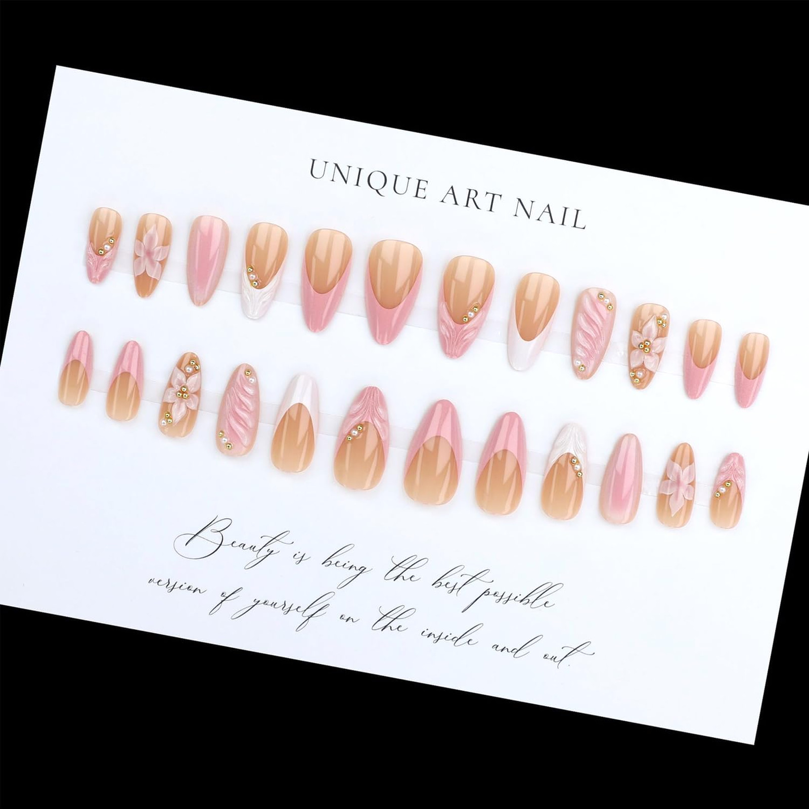 French Tip Press On Nails 24 Pcs Medium Almond Fake Nails 3D Flower Gold Bead
