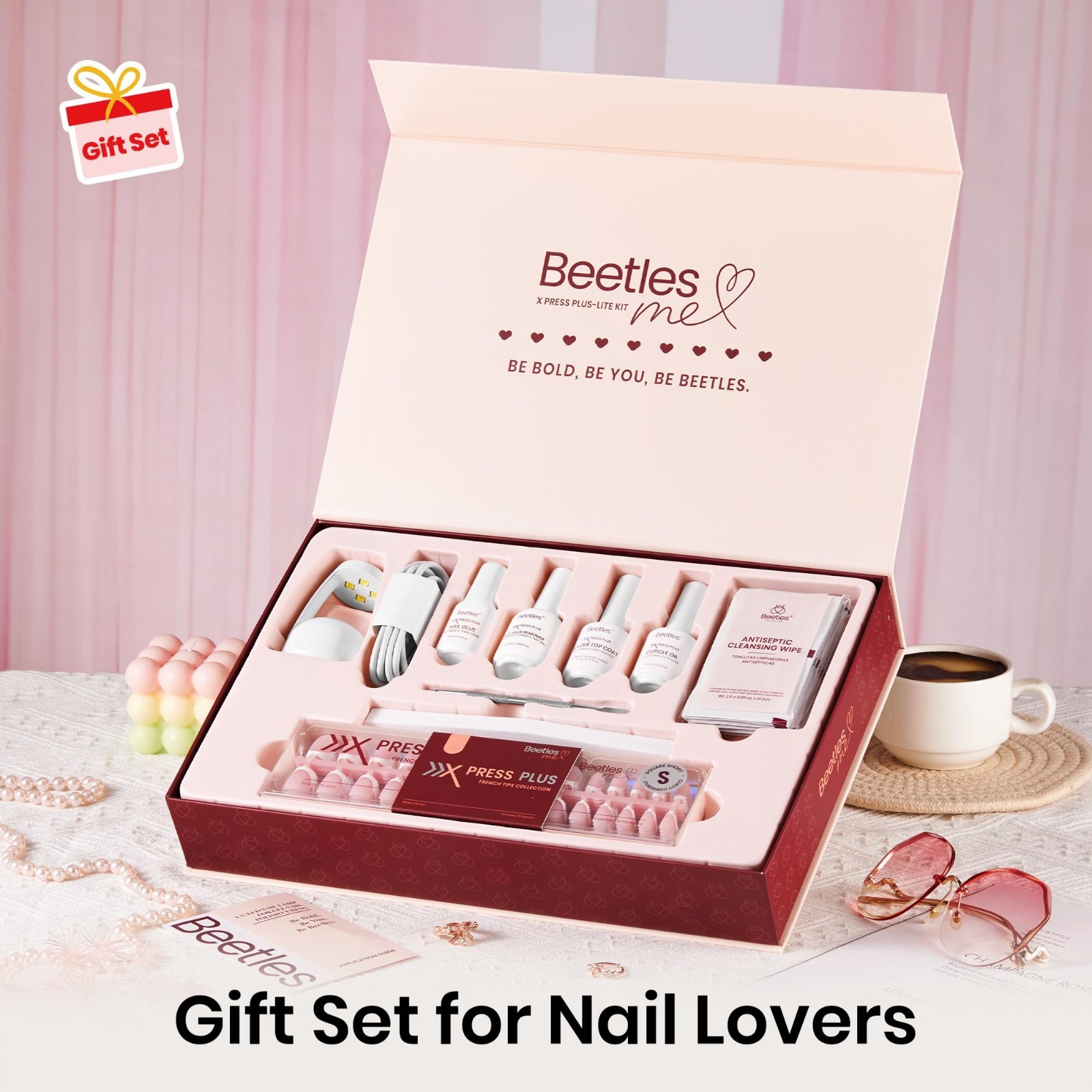 Short Square French Tip Press-On Nail Kit – 150 Pcs Pink, 15 Sizes, Glue & Lamp