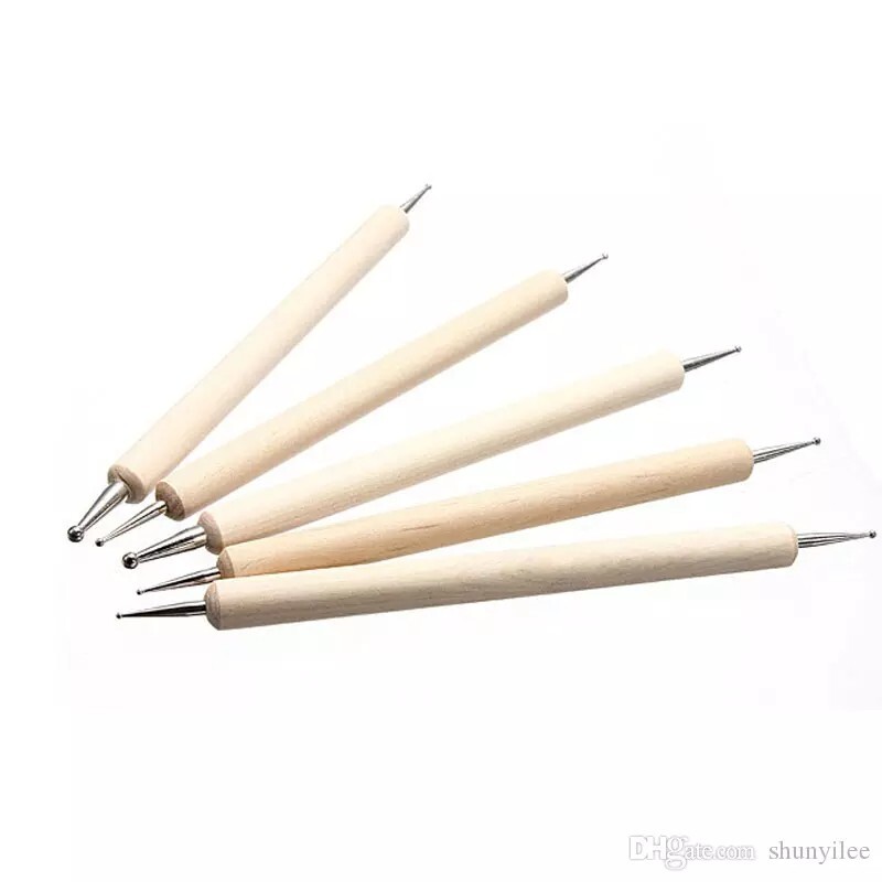 5 Pcs 2way Wooden Handle Manicure Nail Art Dotting Pen Marbleizing Tool