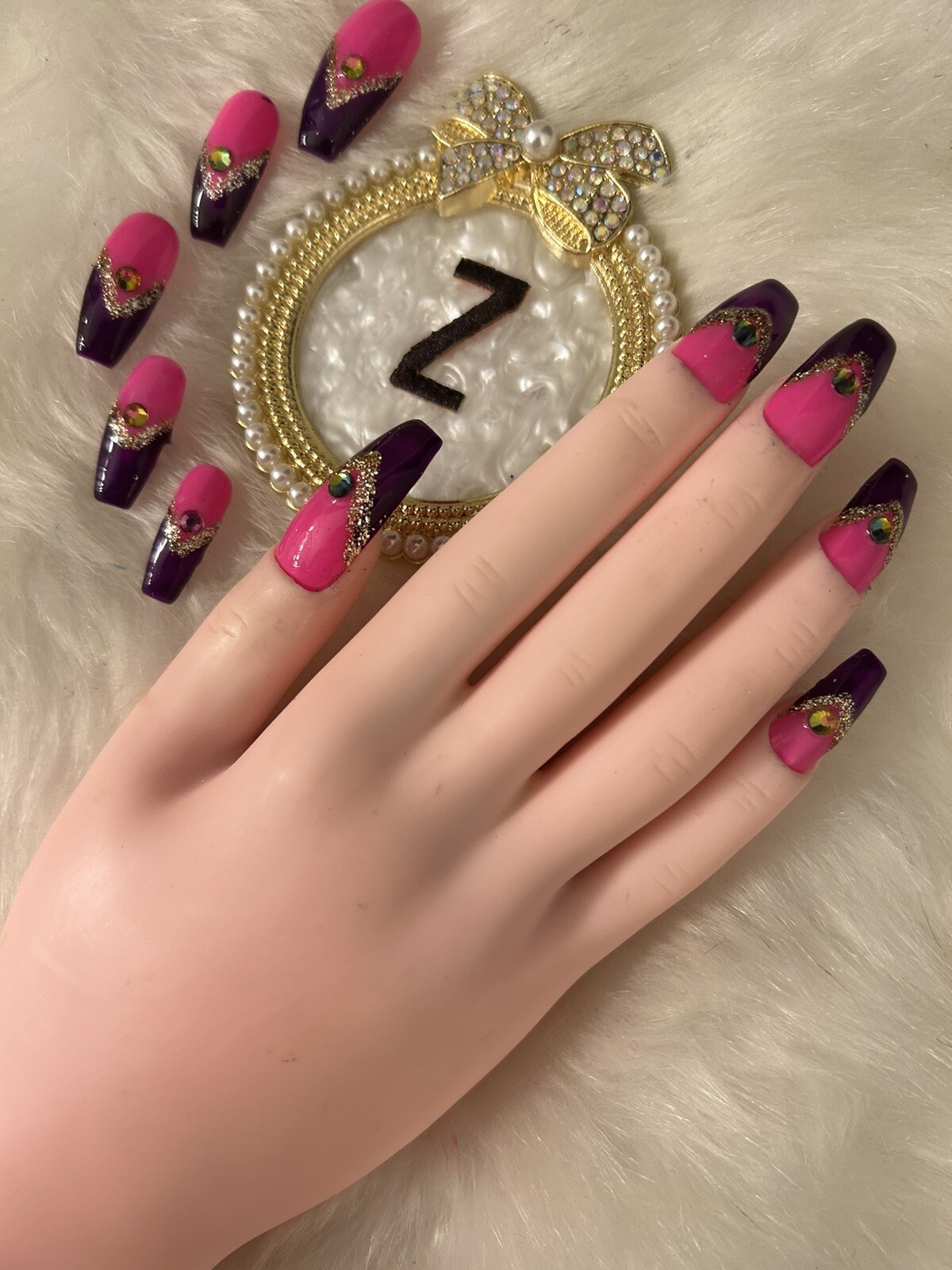 Z NAILZ! Gorgeous Set of Handmade Long Coffin Pink/Purple Press On Nails
