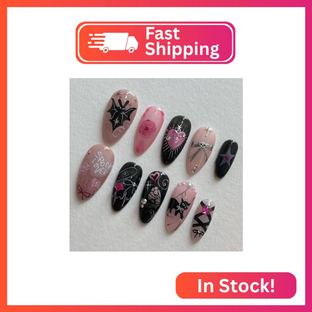 24Pcs Almond Handmade Press on Nails with Charms Full Cover Bat Spider Bow Heart