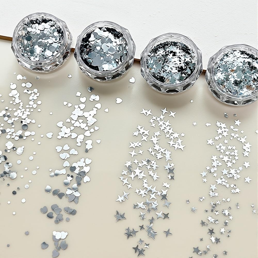 4 Jars Silver Glitter for Nails Design Shiny Nail Glitter Flakes Sparkling Si…