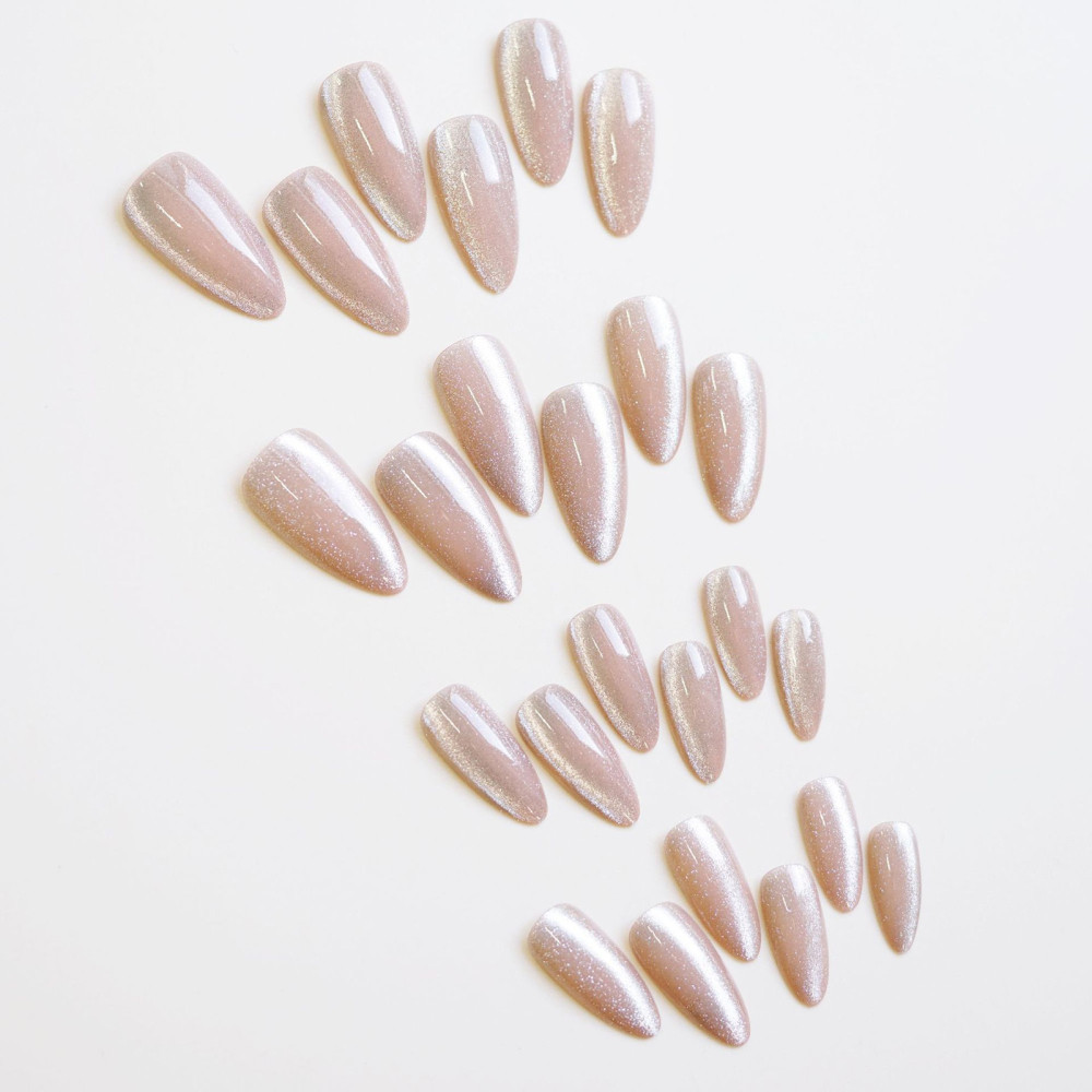 Pink Almond False Nail Glittering Cat Eye French Nail Tips Shimmer Fake Nail 24p