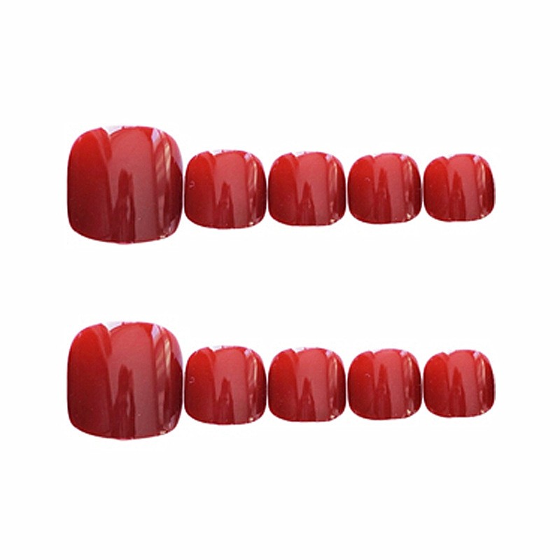 48Pcs-Daily Square Toe False Nails Red Solid Glossy Minimal Press on Toenails