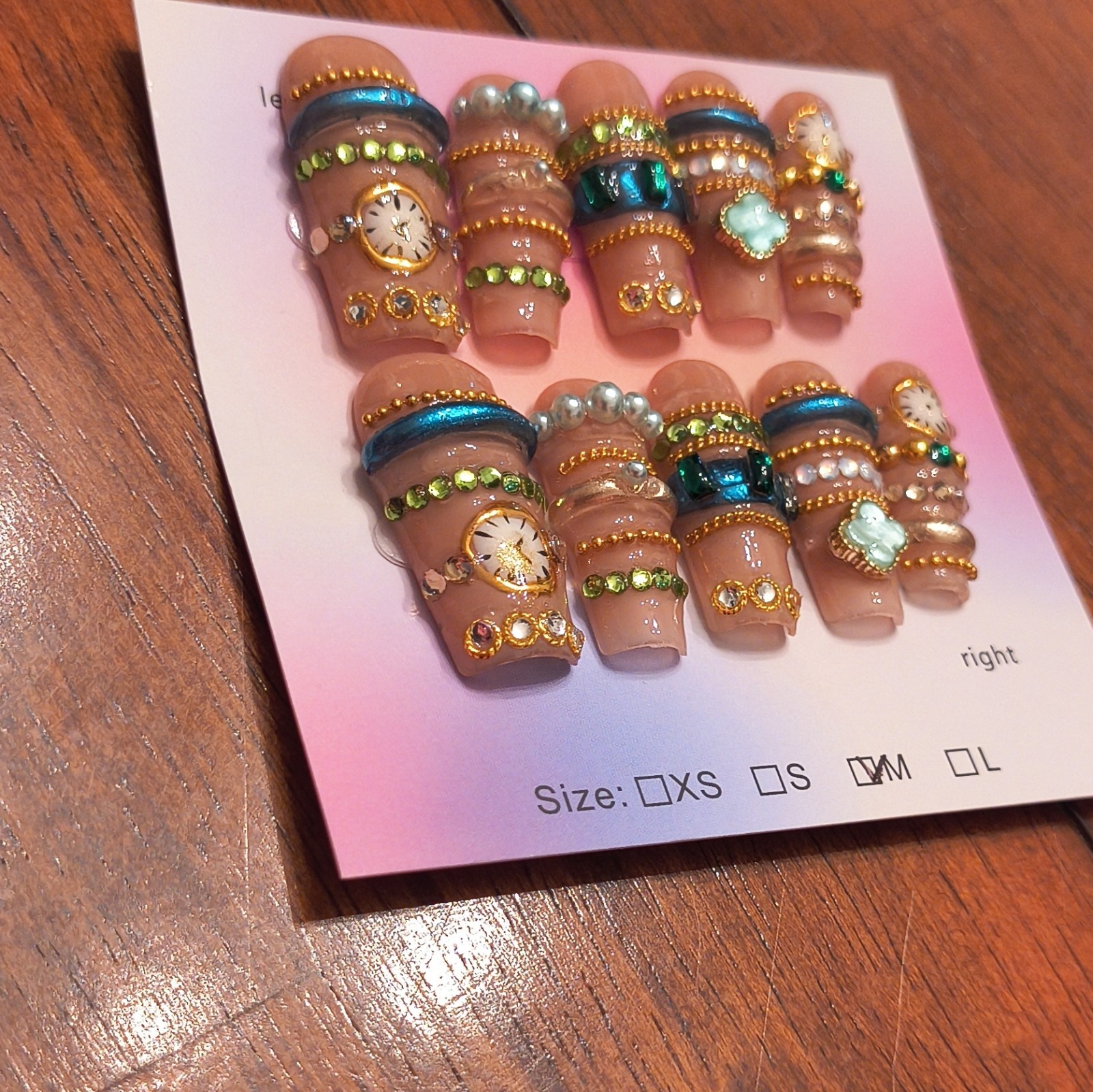 Press-On Nails Medium Coffin Nude Gold Blue Green White 3D Full Cover Clock
