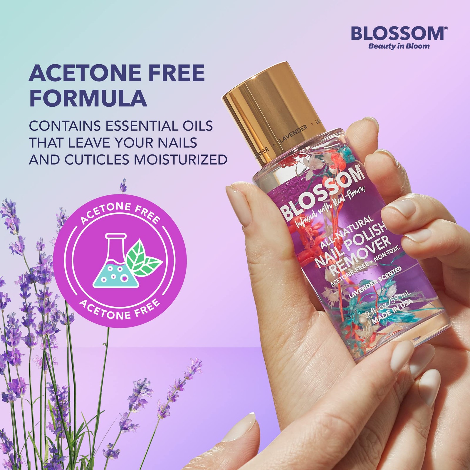 Blossom Non Toxic Nail Polish Remover 2 Fl Oz (Pack of 1), Lavender