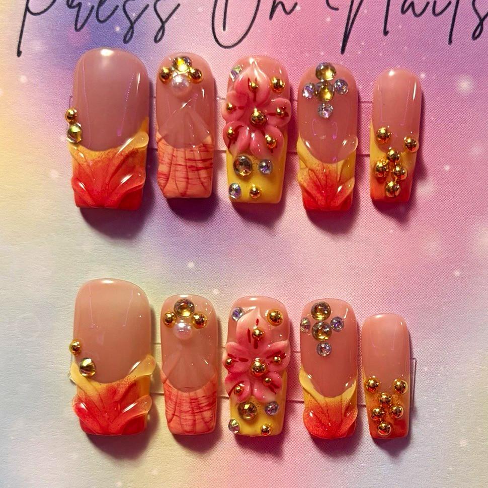 Handmade Pink/Gold 3D Flower Press-On Nails Set, size small