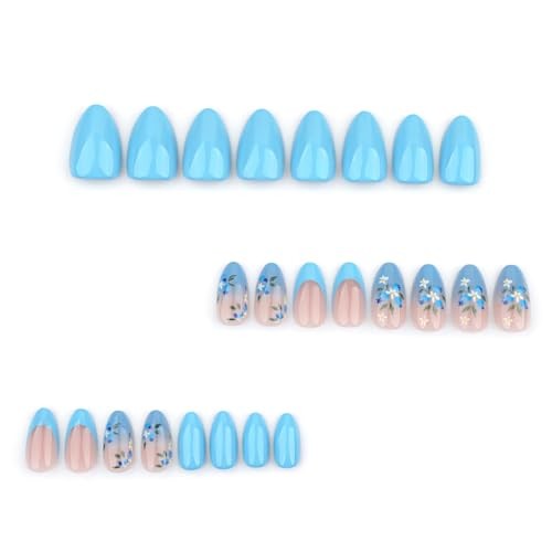 24Pcs Blue French Tip Press on Nails Short Almond – Blue Flowers Design Nails-6