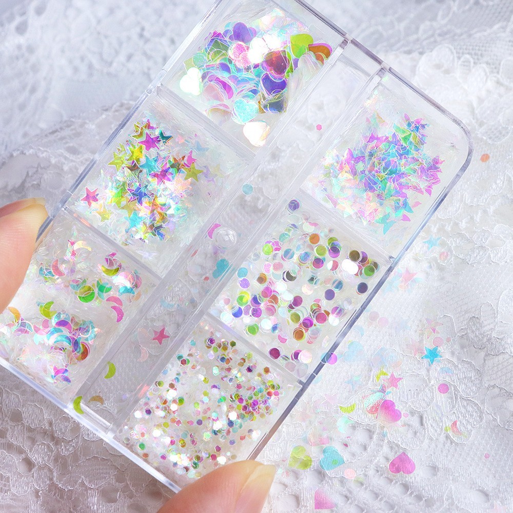 6 Grids Nail Art Glitter Sequins Star Moon Heart Butterfly DIY Nails Decoration