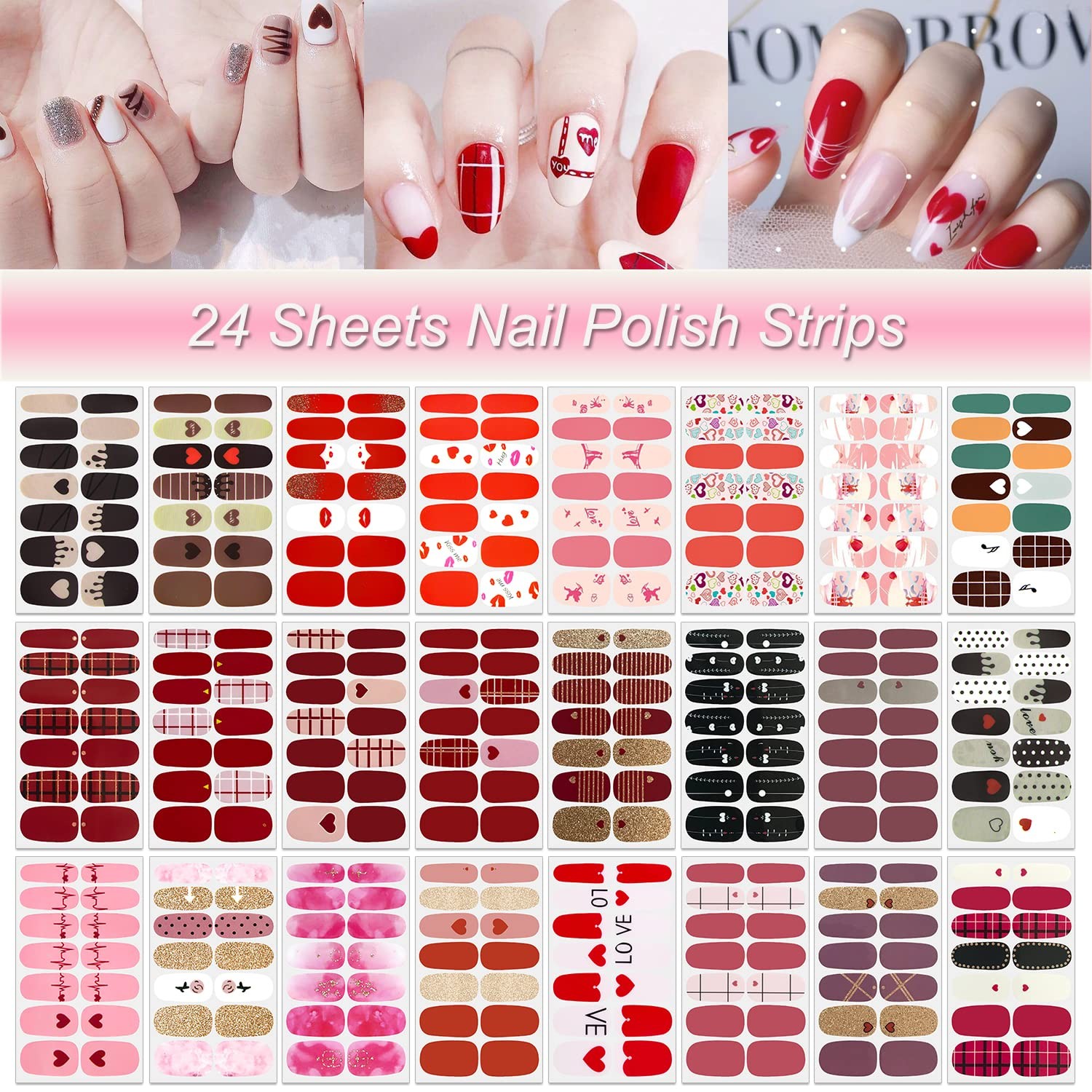 24 Sheets Valentine’s Day Nail Polish Strips Full Nail Wraps for Women Gel Na…