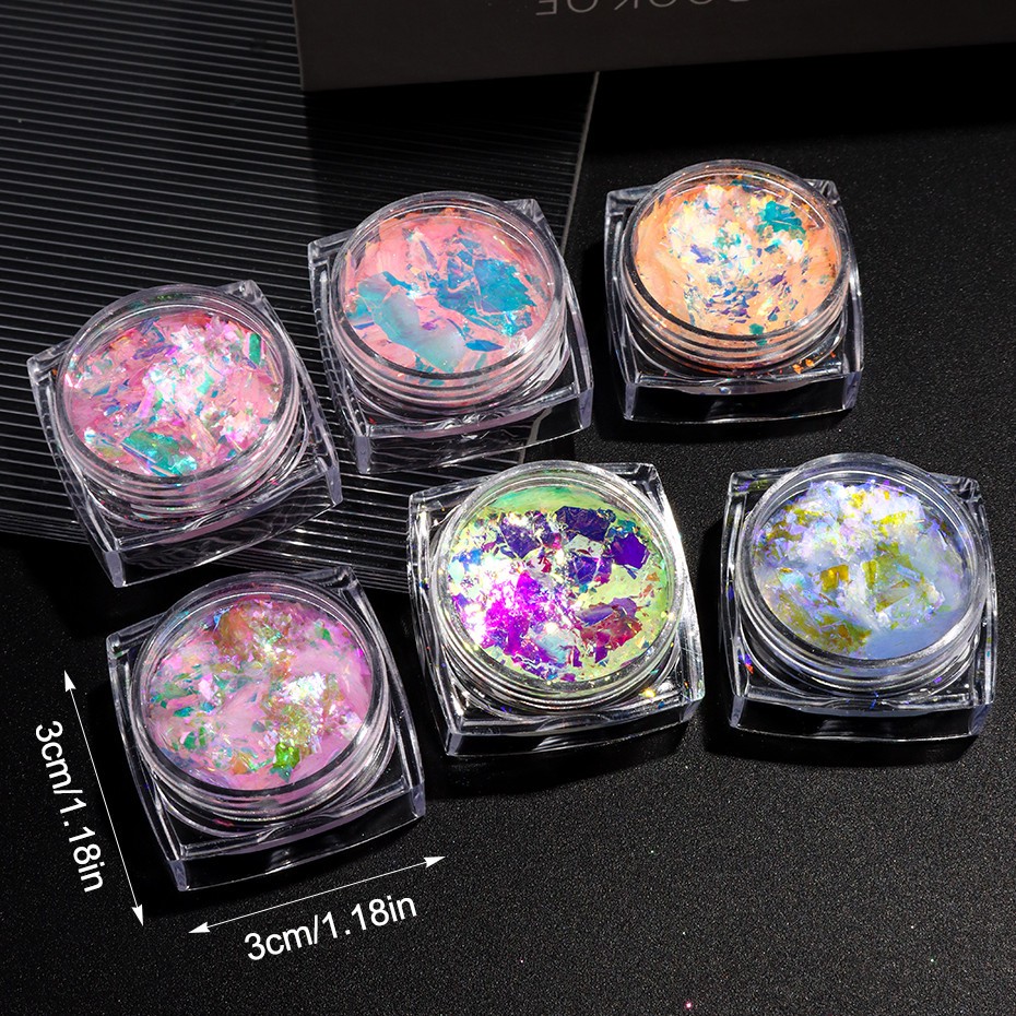 6pcs Aurora Opal Nail Glitter Flakes Iridescent Nail Pigment Crystal Mermaid Spa