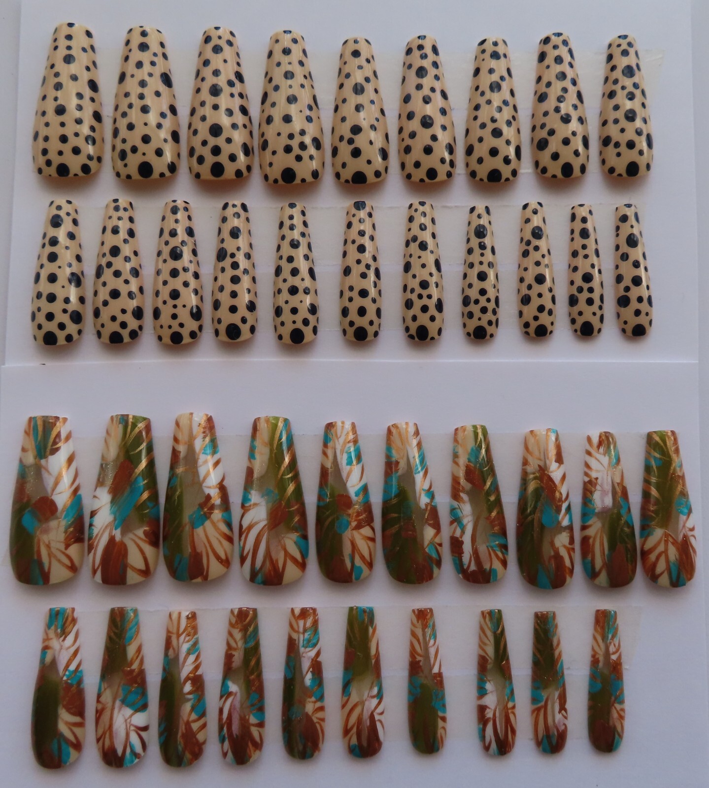 (2) Set Cream Black Polka Dot | White Green Bronze Abstract Coffin Press-On Nail