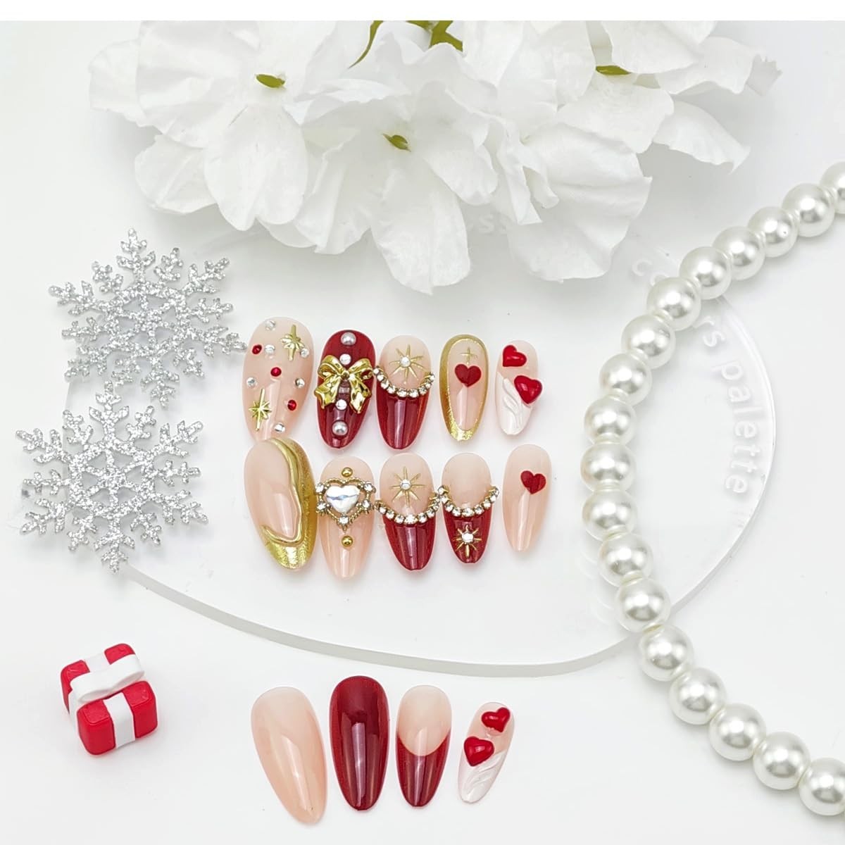 24Pcs Valentines Press on Nails Medium Almond Fake Nails 3D Gold Bow Pearl Rh…