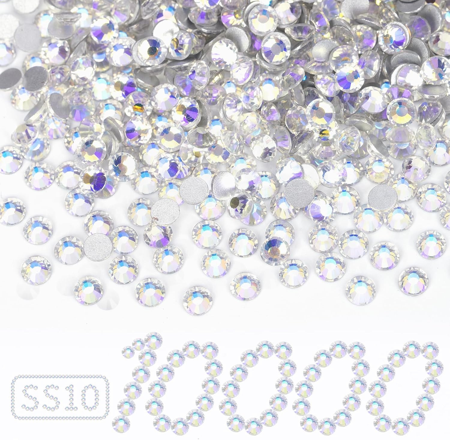 10000PCS Moonlight Rhinestones Bulk, Flat Back Crystal Glass Stone round Gems,Ss