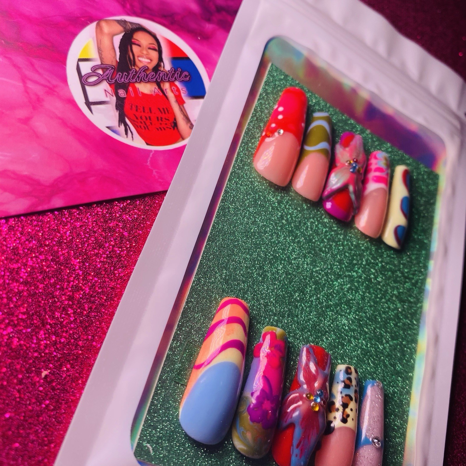 Authentic Nail Arts by Dia Long Coffin Press-On Nails Multicolor 3D Shiny
