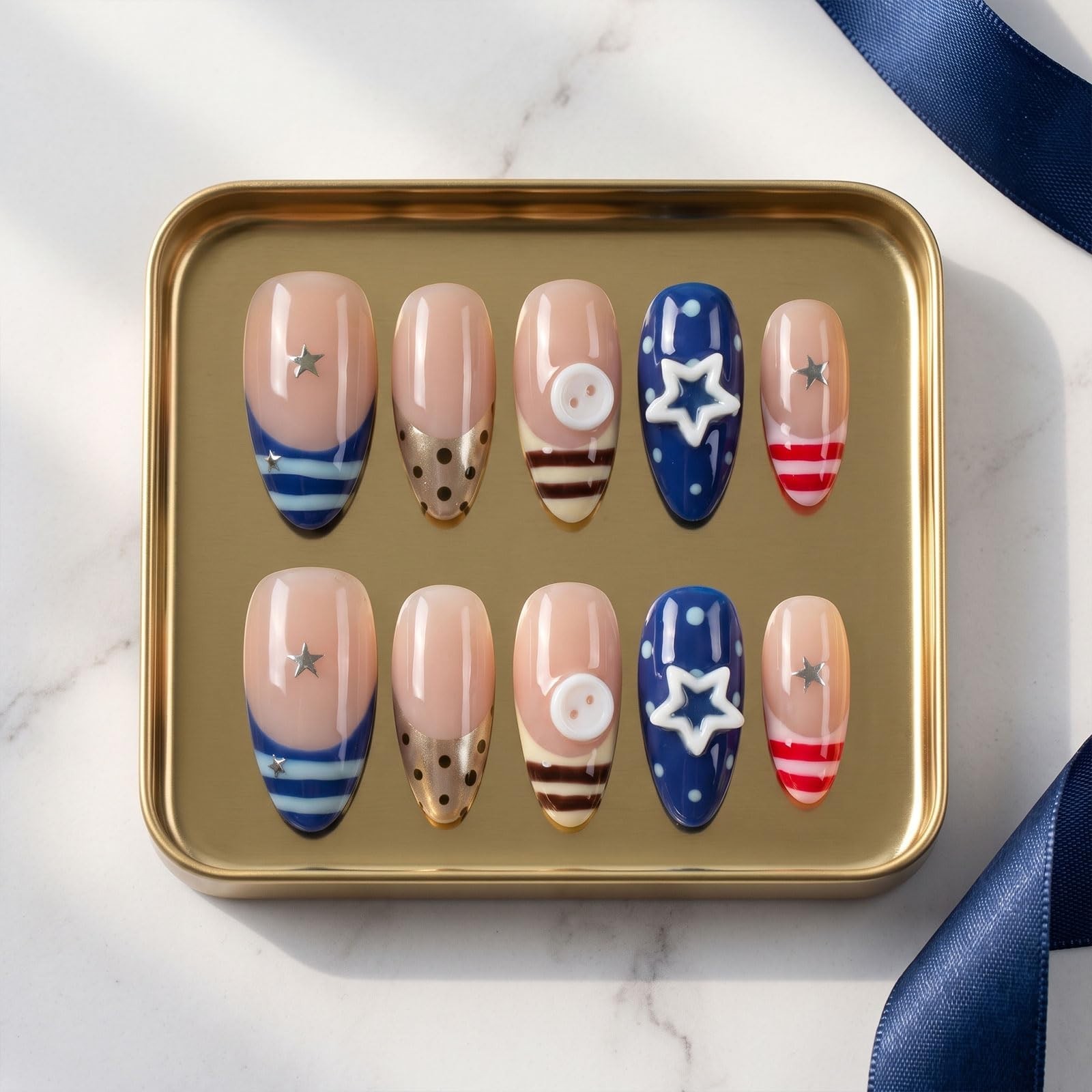 Patriotic Blue Almond Press-On Nails – 3D Star & Button Charms, Nautical Stripes