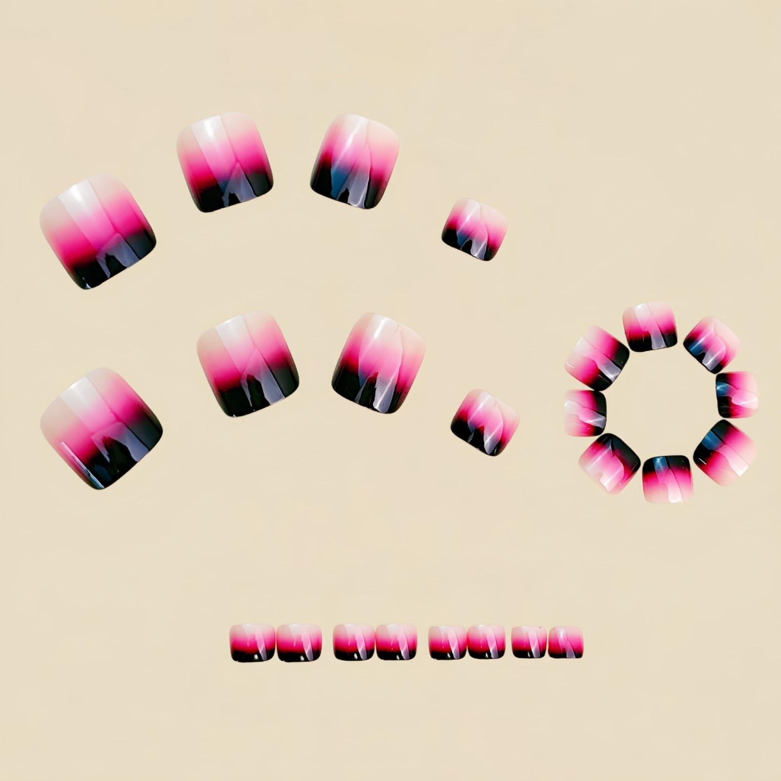 French Press on Toenails Gradient Black Pink Fake Toe Nails Summer Toenails