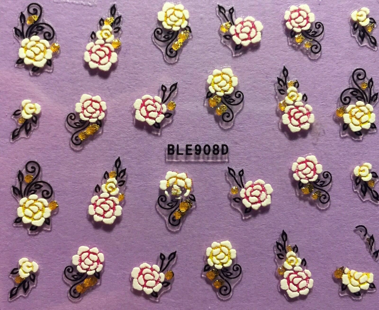 Nail Art 3D Decal Stickers Pretty Flowers White with Pink & Gold BLE908D