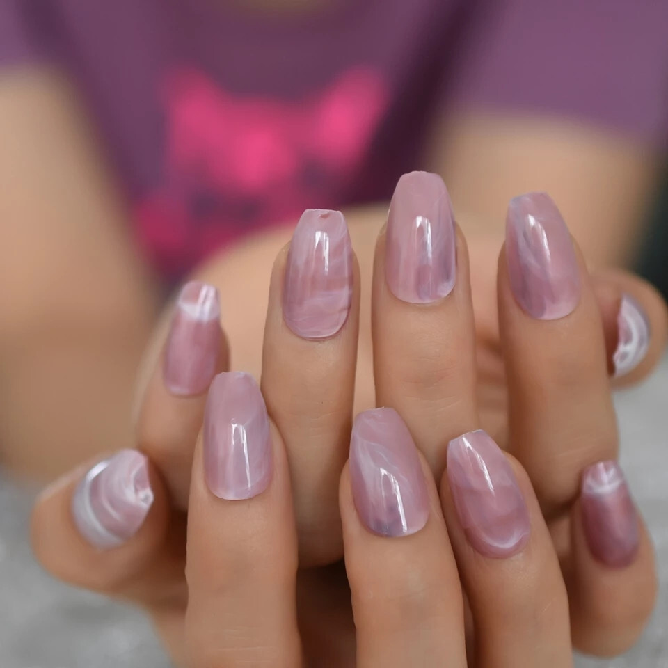 24 Medium Press on Nails kit glue on pink marble coffin