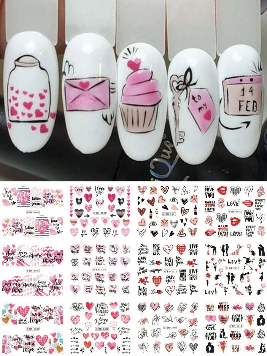 12 x Nail Stickers Valentines Day Art Water Decal Love Heart Sheets