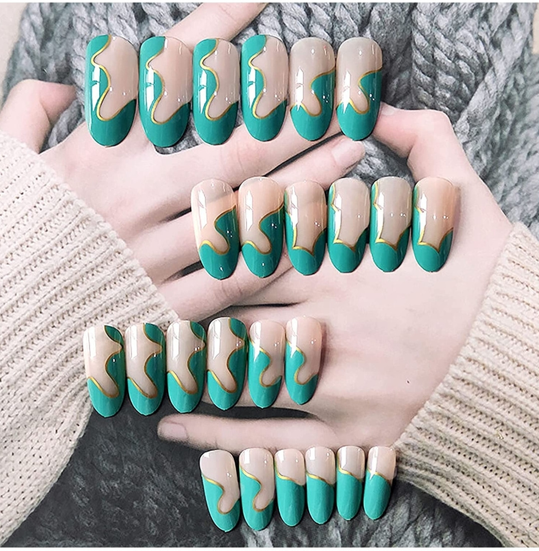 24 Press on nails w/ glue long almond green gold swirl nude