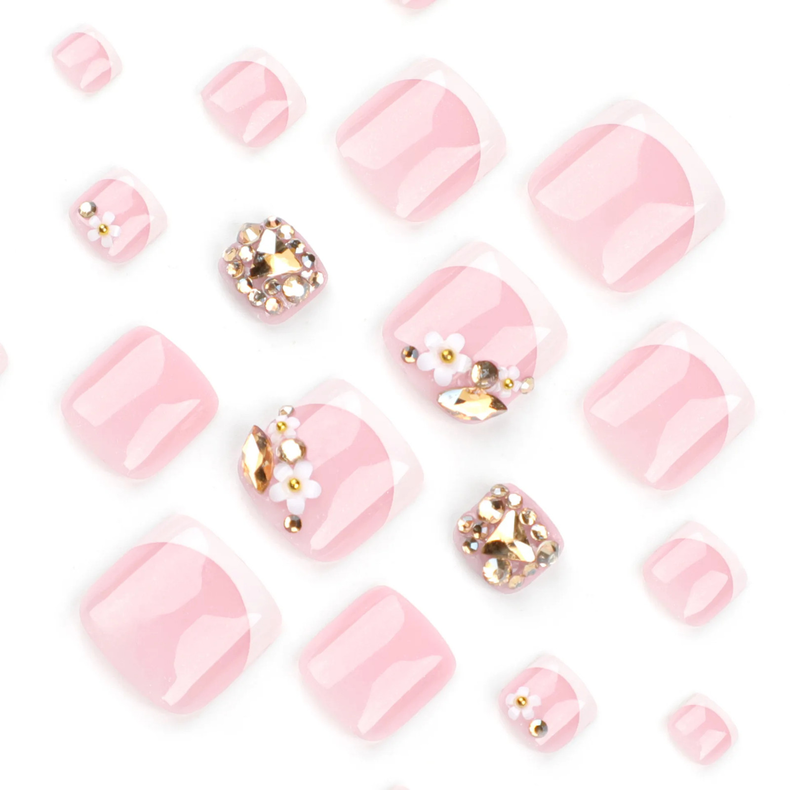 24pcs Glitter Gold Crystal Fake Toenails Simple Nude Pink Press On Toe Nails