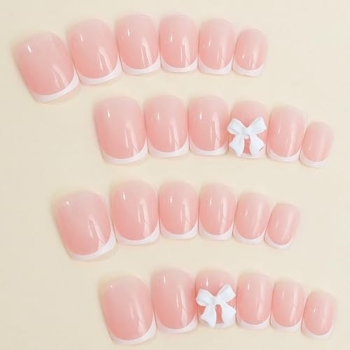 24Pcs Color Press On Nails – Short Square, White French Tip, Full Nude Pink