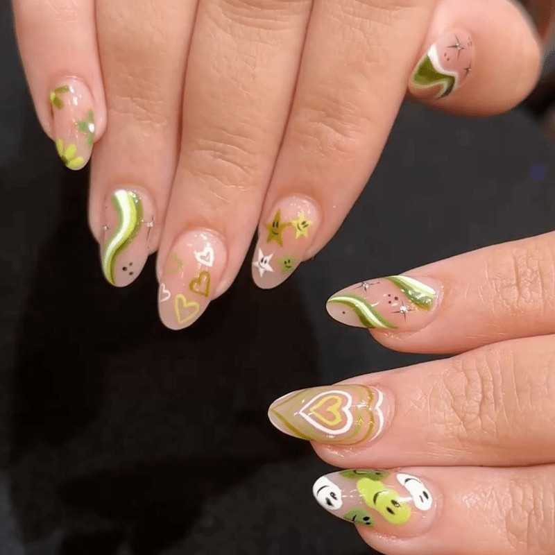 48Pcs-Long Almond Nude Green Swirl Heart Star Smiley Face Press on Nails Set