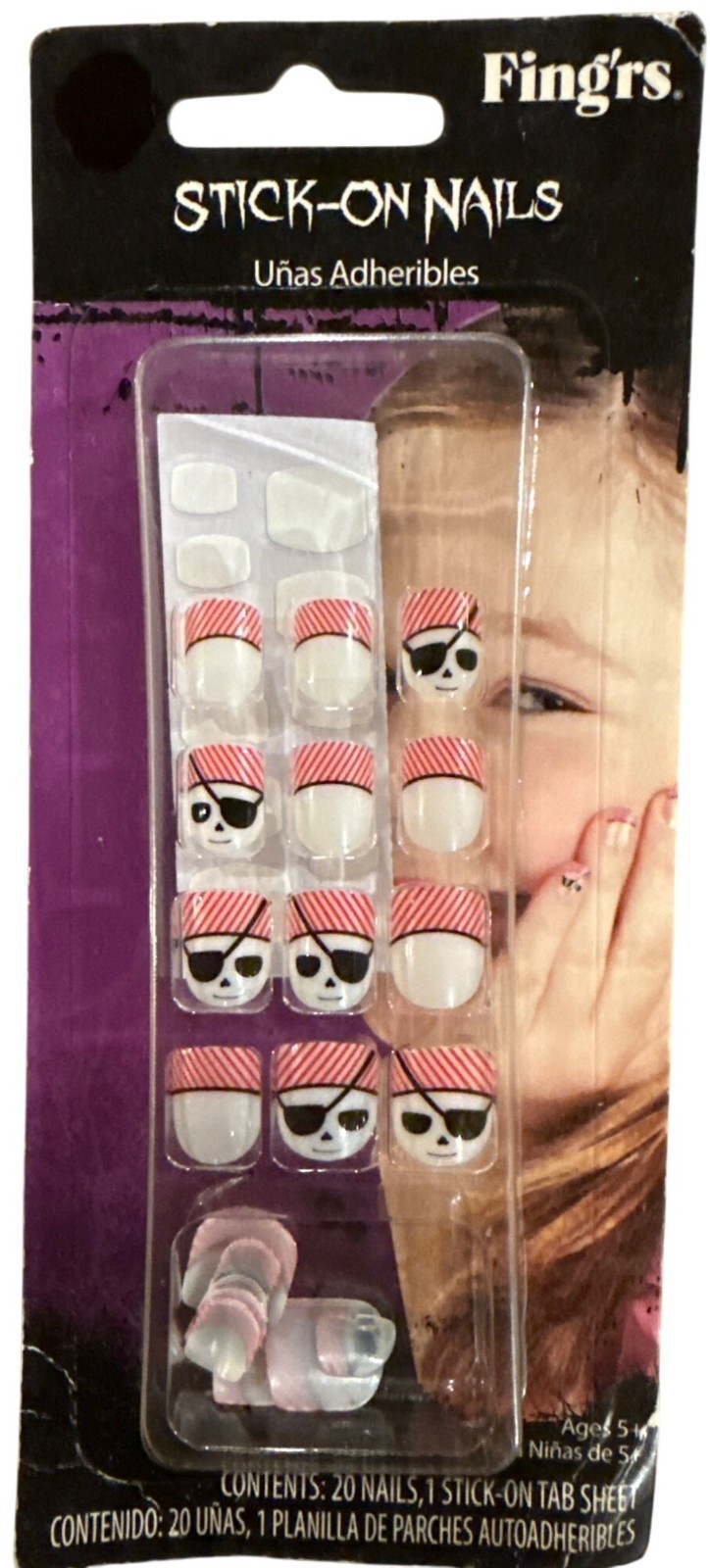 FING’RS 20 Stick-On Nails White+Red+Black PIRATE SKULL Stripes w/ Stick-On Tab