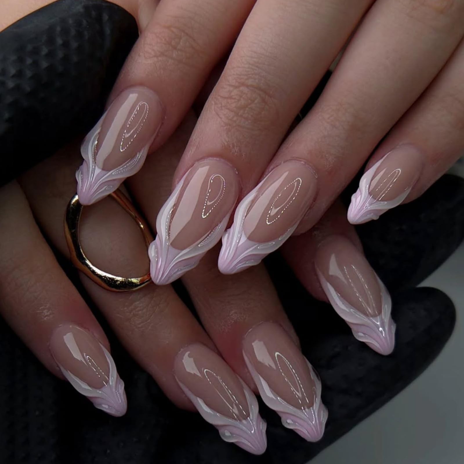 Pink French Tip Press on Nails Medium Almond Fake Nails 3D Swirl Stick on Nai…