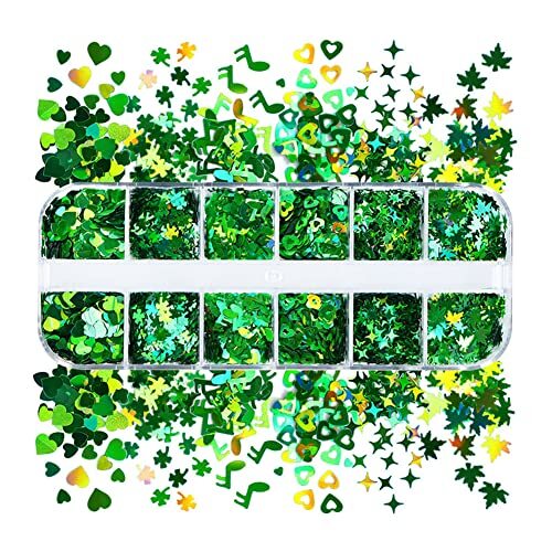 Nail Art Glitter Green Sequins 3D Holographic Laser Hearts Stars Leaves