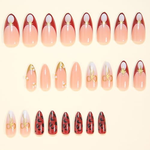 French Tip Gold Trim Acrylic Medium Almond Nude Pink Burgundy False Nails