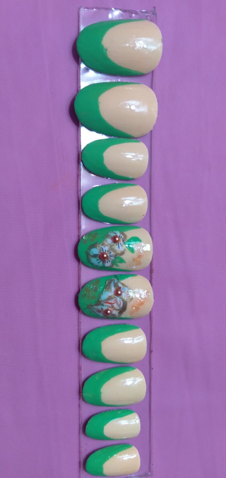 KFN Press On Nails ​Green French|Medium Oval|Hand Painted Floral Foil Art Kit 10