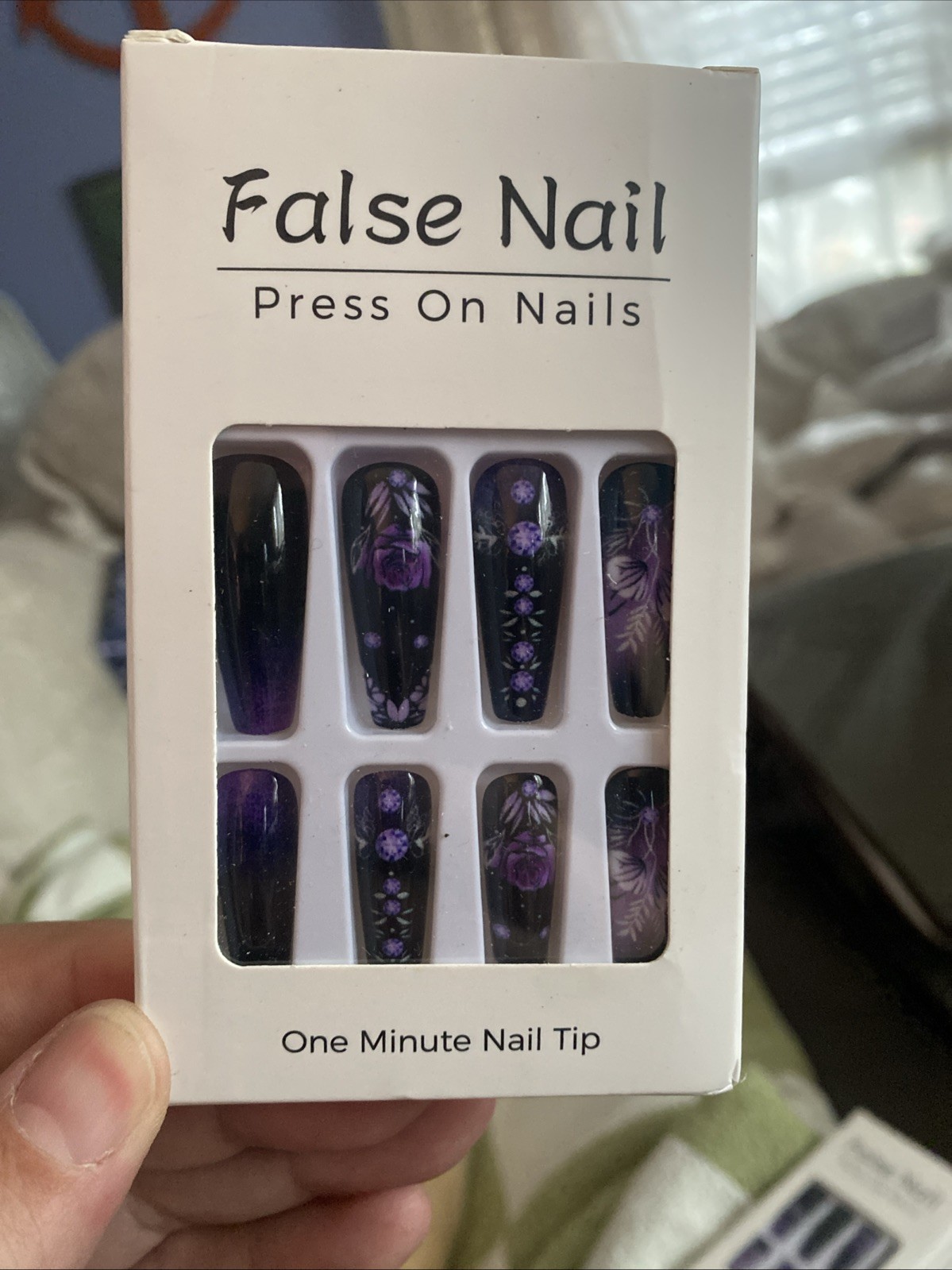 Deep Purple Floral Long Coffin Nail Tips 24pcs Goth Dark Boxed Nails GLUE & Tabs