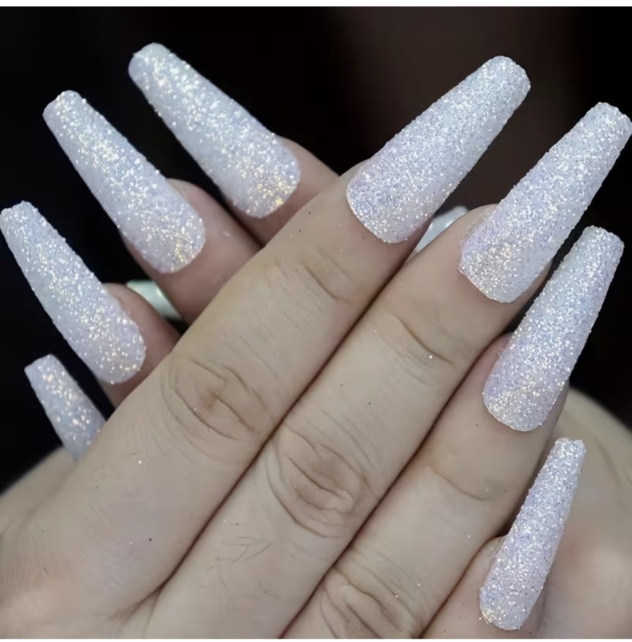 Sparkly 24pcs White Long Coffin Fake Press On Acrylic Nails NIB