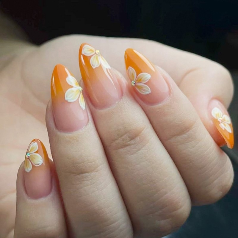 24Pieces Middle Length Glossy Press On Nail Gradient Yellow French Tip Floral