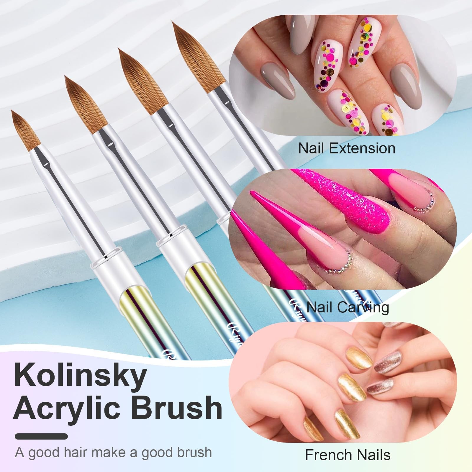 Acrylic Nail Brush Art Manicure Sable Hair Oval 4PC Sizes 6 8 12 16 Pro Salon DI
