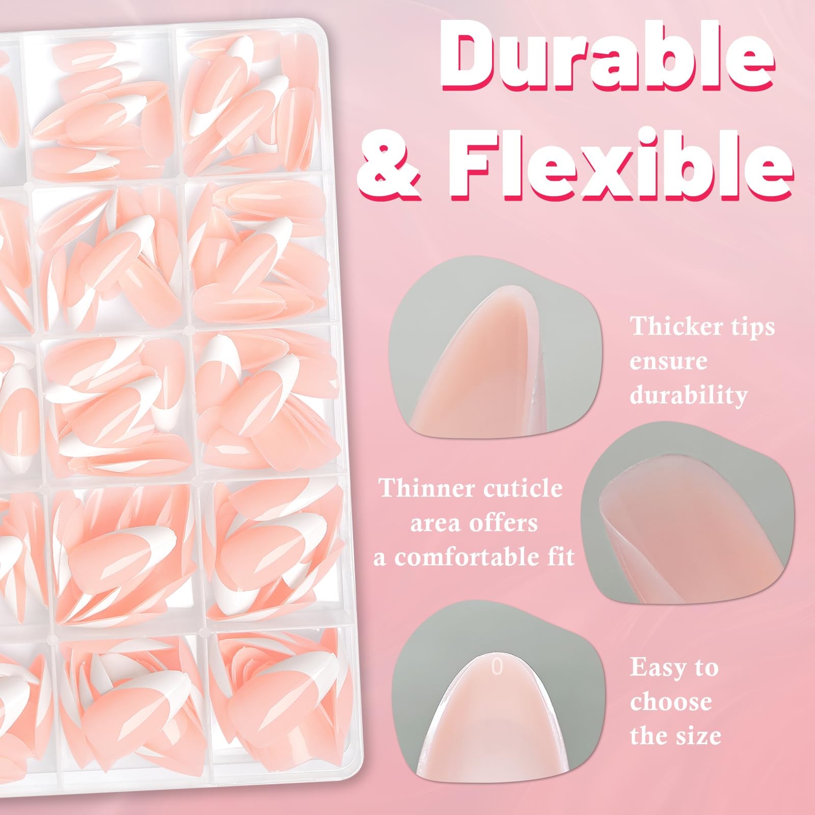 French Tip Press on Nails – 180pcs Pink Medium Almond Fake Nails Press ons Wh…