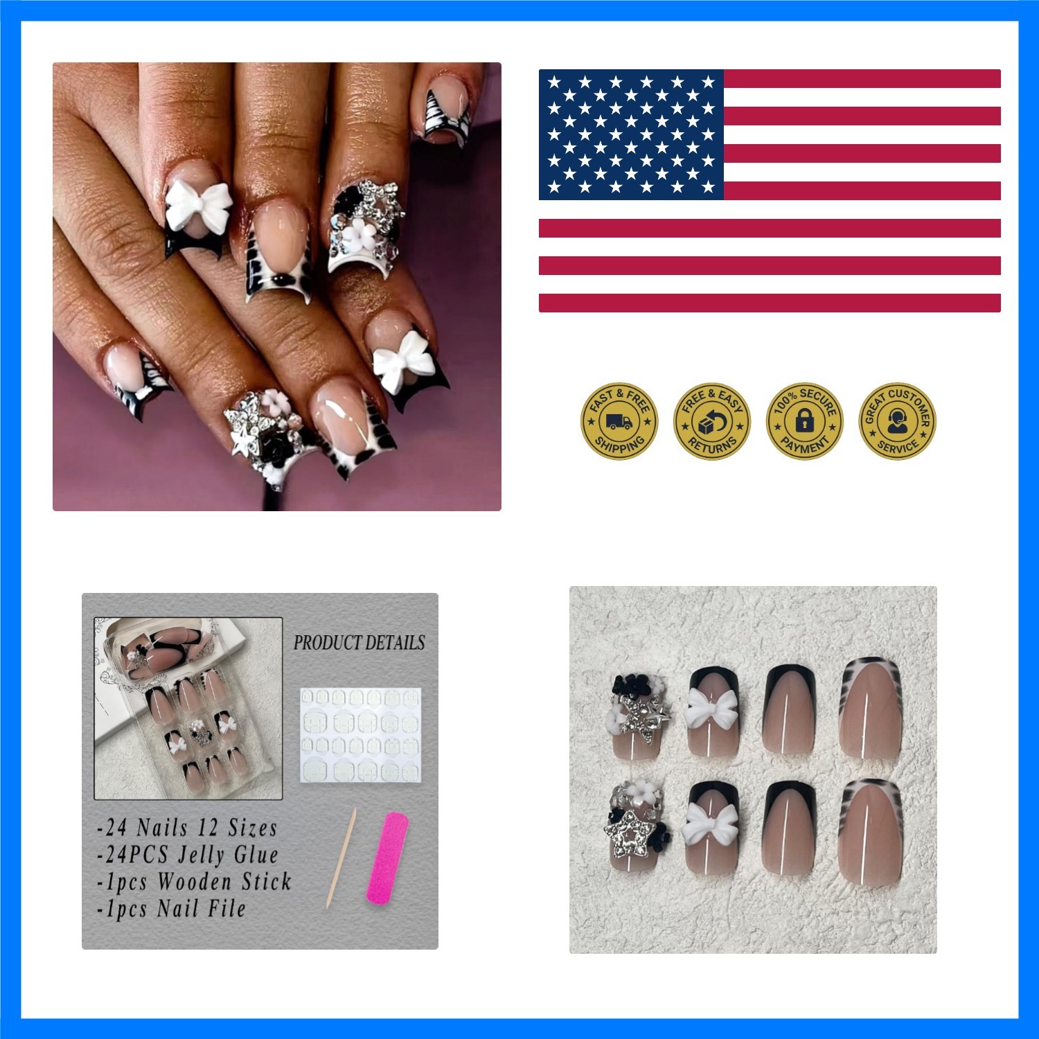 French Tip Press on Nails Short Square Fake Nails with Bow Charms Designs Bla…