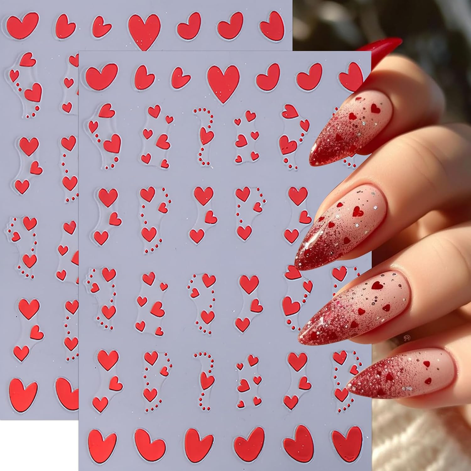 8Sheets Heart Nail Stickers Red Love Nail Decals 3D Self-Adhesive Valentine’S Da
