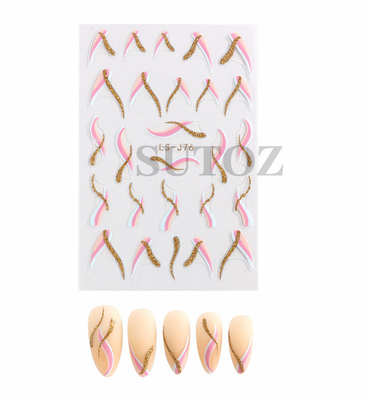 Golden Glitter French Lines Nail Stickers – Curve Wave Swirls, Pink Stripe NH22