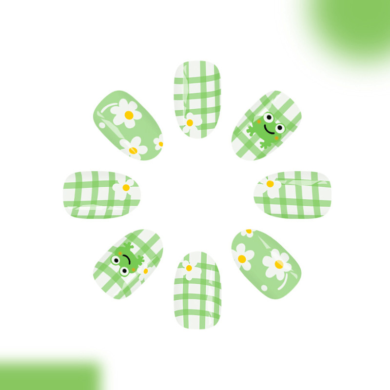 48Pcs Almond Green Plaid Frog Press on Nails Cute Flower Daily Casual Wear